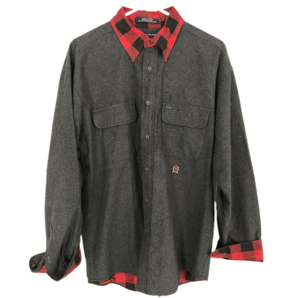 Vtg Tommy Hilfiger Shirt Men L Gray Flannel Buffalo Plaid Collar Button Up Crest